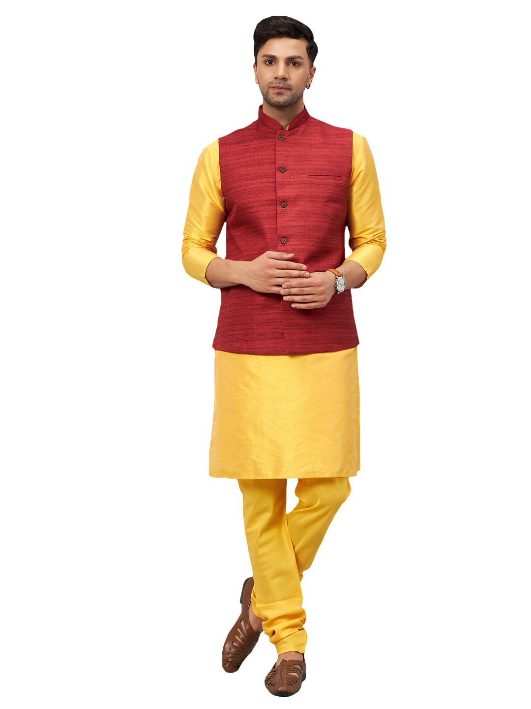 VM by Vastramay Men's Yellow And Maroon Silk Blend Jacket, Kurta And Pyjama Set - Distacart