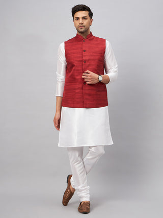 VM by Vastramay Men's Maroon And White Silk Blend Jacket, Kurta And Pyjama Set - Distacart