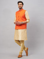 Thumbnail for VM by Vastramay Men's Gold And Orange Silk Blend Jacket, Kurta And Pyjama Set - Distacart