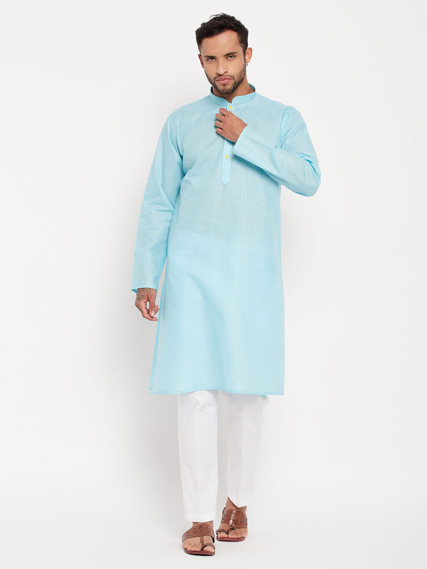VM by Vastramay Men's Aqua And White Cotton Kurta Pyjama Set - Distacart