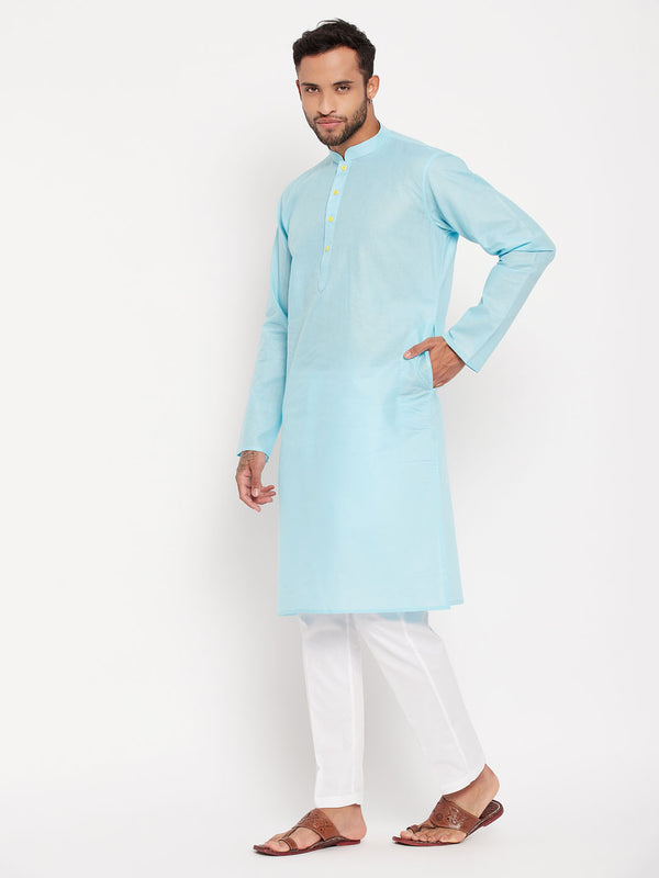 VM by Vastramay Men's Aqua And White Cotton Kurta Pyjama Set - Distacart