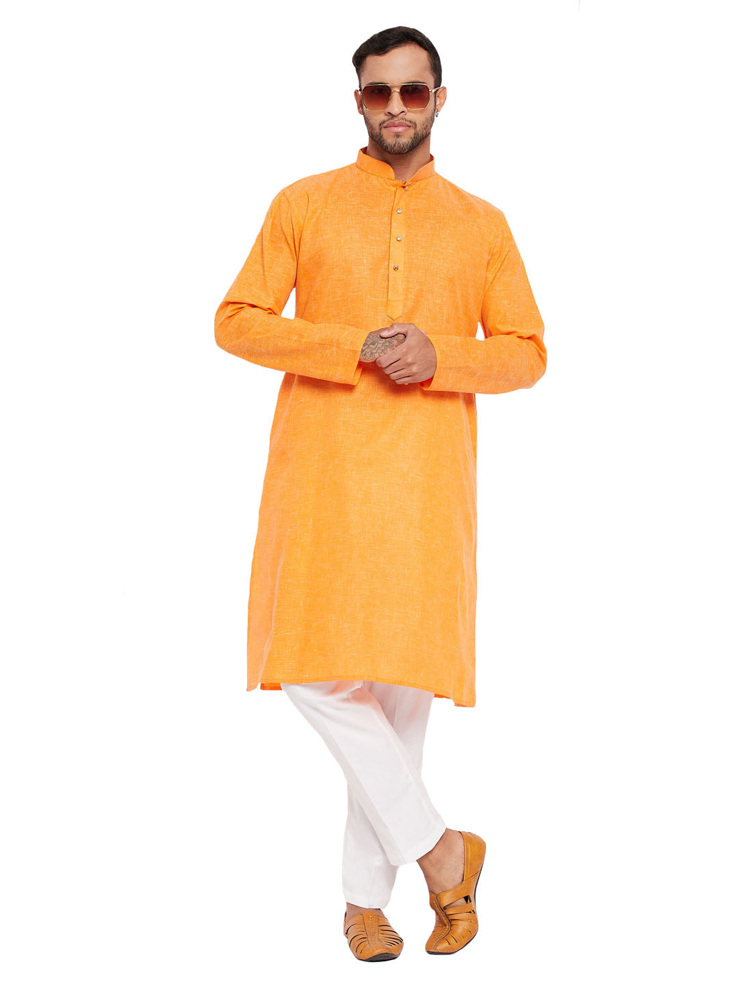 VM by Vastramay Men's Orange And White Cotton Kurta Pyjama Set - Distacart