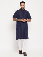 Thumbnail for VM by Vastramay Men's Navy Blue And White Cotton Kurta Pyjama Set - Distacart