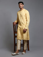 Thumbnail for VM by Vastramay Men's Yellow And Gold Silk Blend Kurta Pyjama Set - Distacart