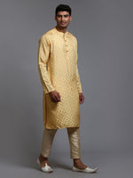 Thumbnail for VM by Vastramay Men's Yellow And Gold Silk Blend Kurta Pyjama Set - Distacart
