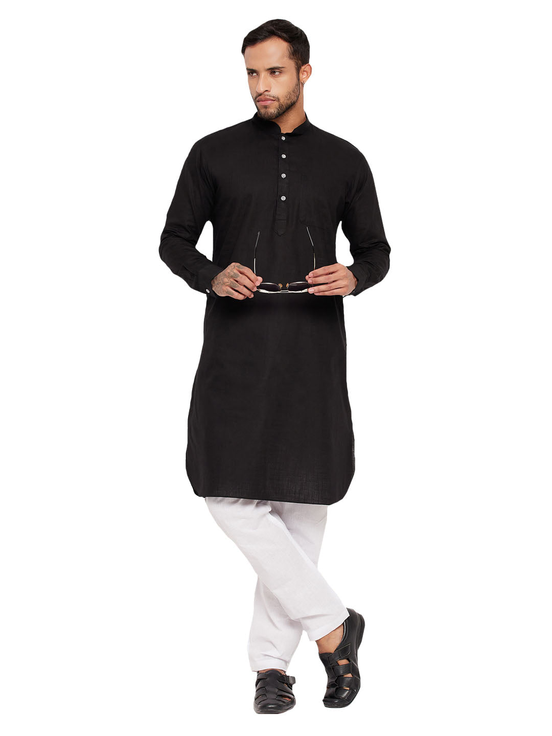 VM by Vastramay Men's Black Cotton Linen Kurta Pyjama Set - Distacart