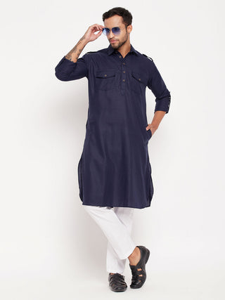 VM by Vastramay Men's Blue And White Cotton Blend Kurta Pyjama Set - Distacart