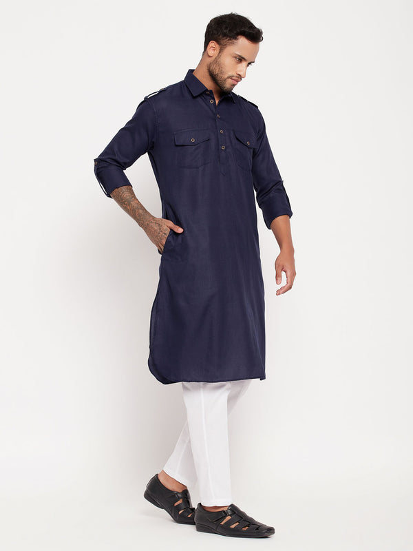VM by Vastramay Men's Blue And White Cotton Blend Kurta Pyjama Set - Distacart