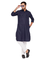 Thumbnail for VM by Vastramay Men's Blue And White Cotton Blend Kurta Pyjama Set - Distacart