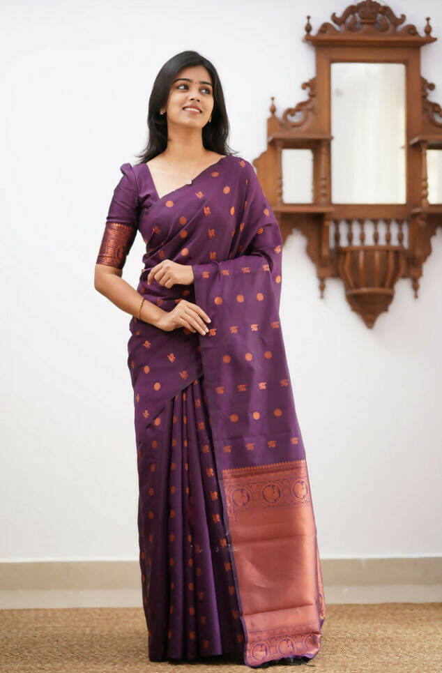 DEIANA'S Beautiful Golden Jari with New Design Soft Lichi Silk Saree - Wine - Distacart
