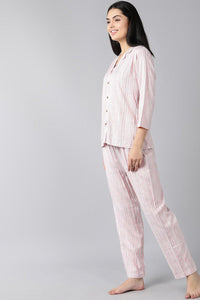 Thumbnail for Women's Pink Pure Cotton Striped Night Suit - Rasiya - Distacart