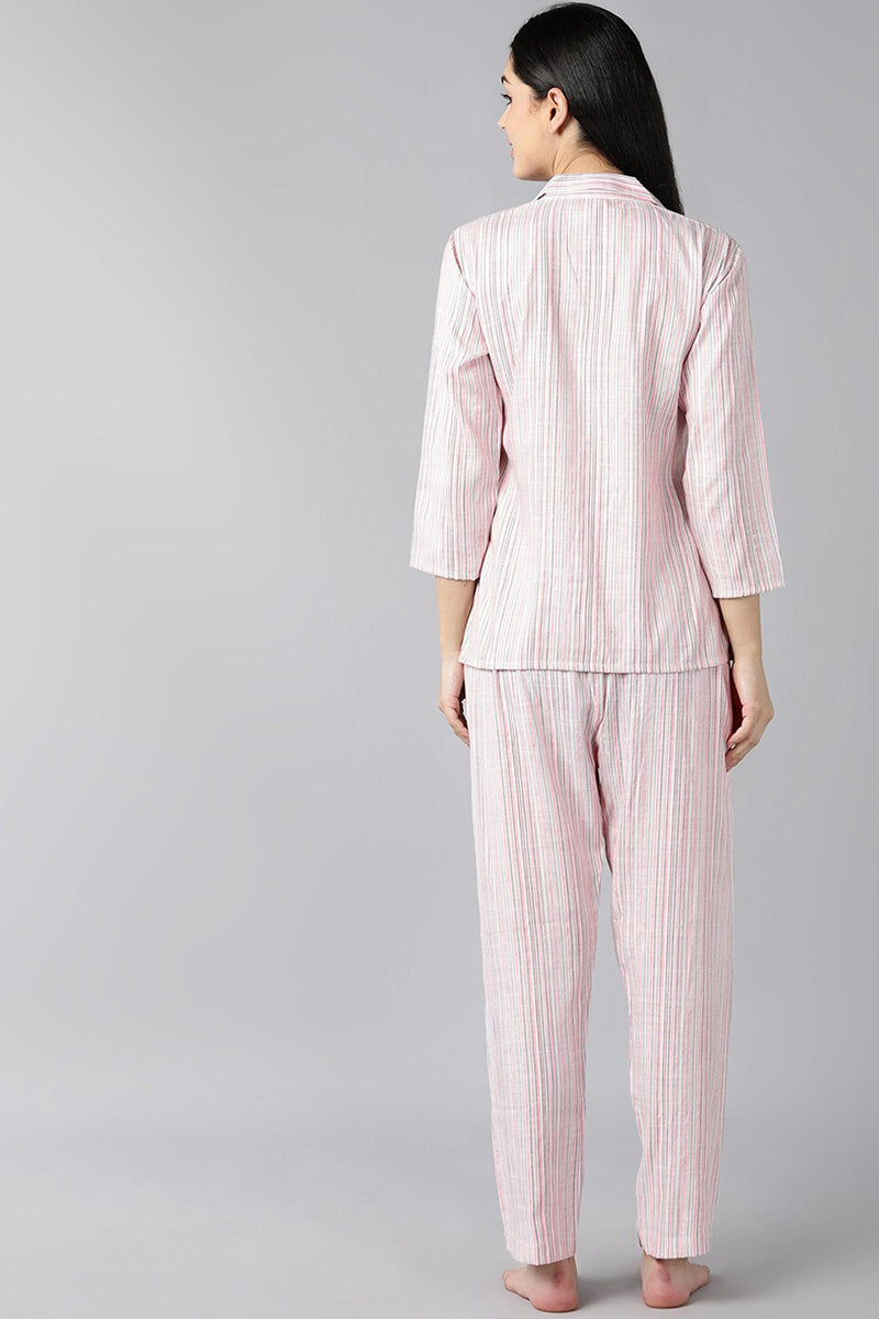 Women's Pink Pure Cotton Striped Night Suit - Rasiya - Distacart