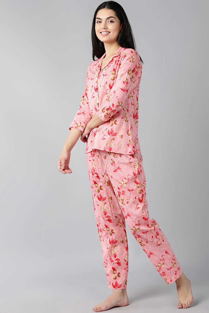 Women's Pink Pure Cotton Floral Printed Night Suit - Rasiya - Distacart