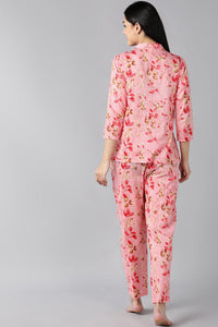 Thumbnail for Women's Pink Pure Cotton Floral Printed Night Suit - Rasiya - Distacart