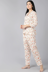 Thumbnail for Women's Off White Pure Cotton Floral Print Night Suit - Rasiya - Distacart