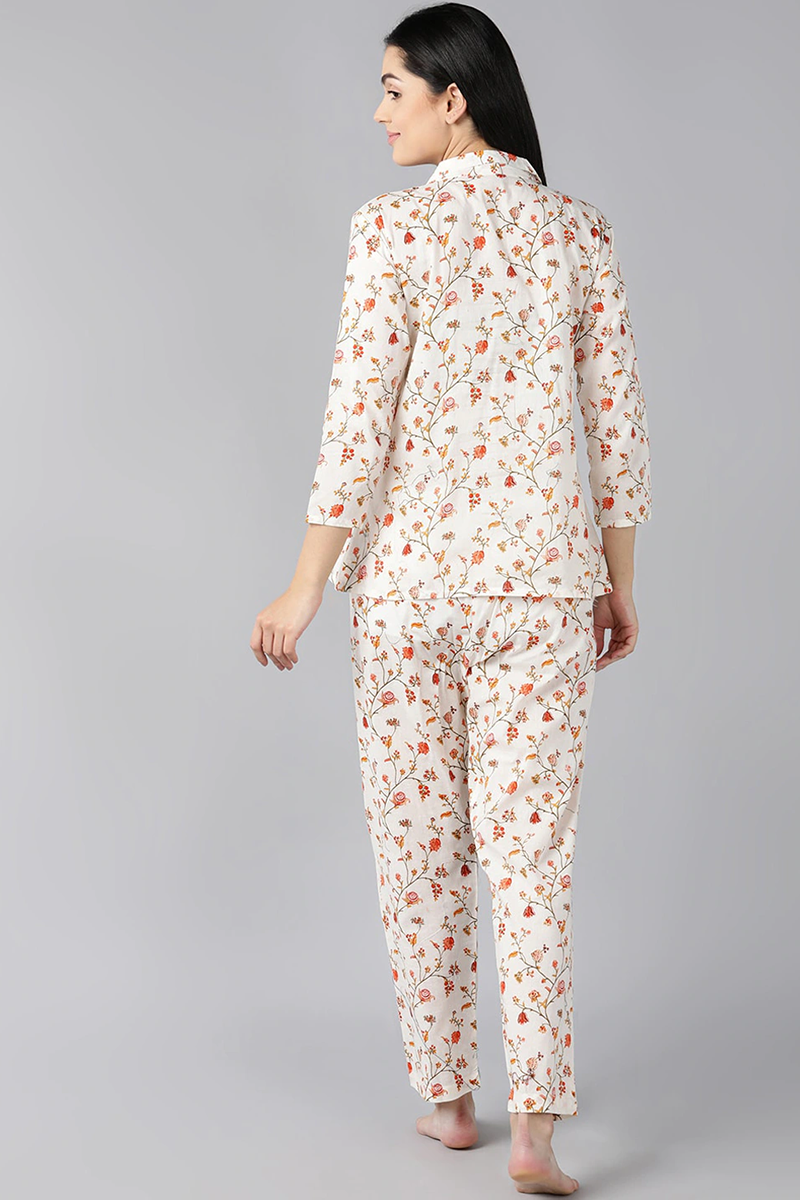 Women's Off White Pure Cotton Floral Print Night Suit - Rasiya - Distacart