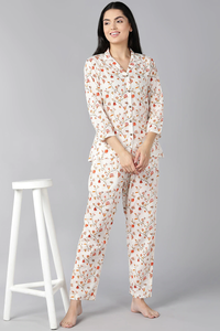 Thumbnail for Women's Off White Pure Cotton Floral Print Night Suit - Rasiya - Distacart