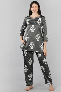 Thumbnail for Women's Grey Cotton Ethnic Motifs Night Suit - Rasiya - Distacart