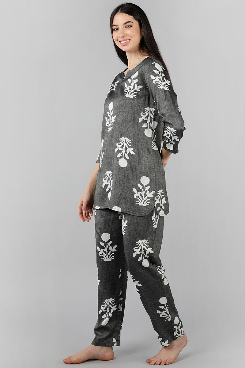 Women's Grey Cotton Ethnic Motifs Night Suit - Rasiya - Distacart