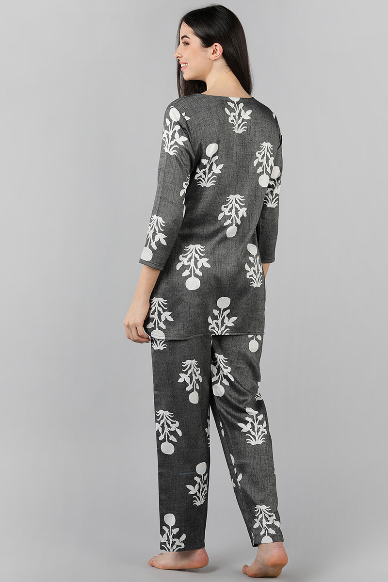 Women's Grey Cotton Ethnic Motifs Night Suit - Rasiya - Distacart