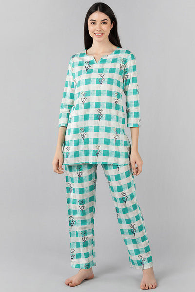 Women's Sea Green Cotton Checked Night Suit - Rasiya - Distacart