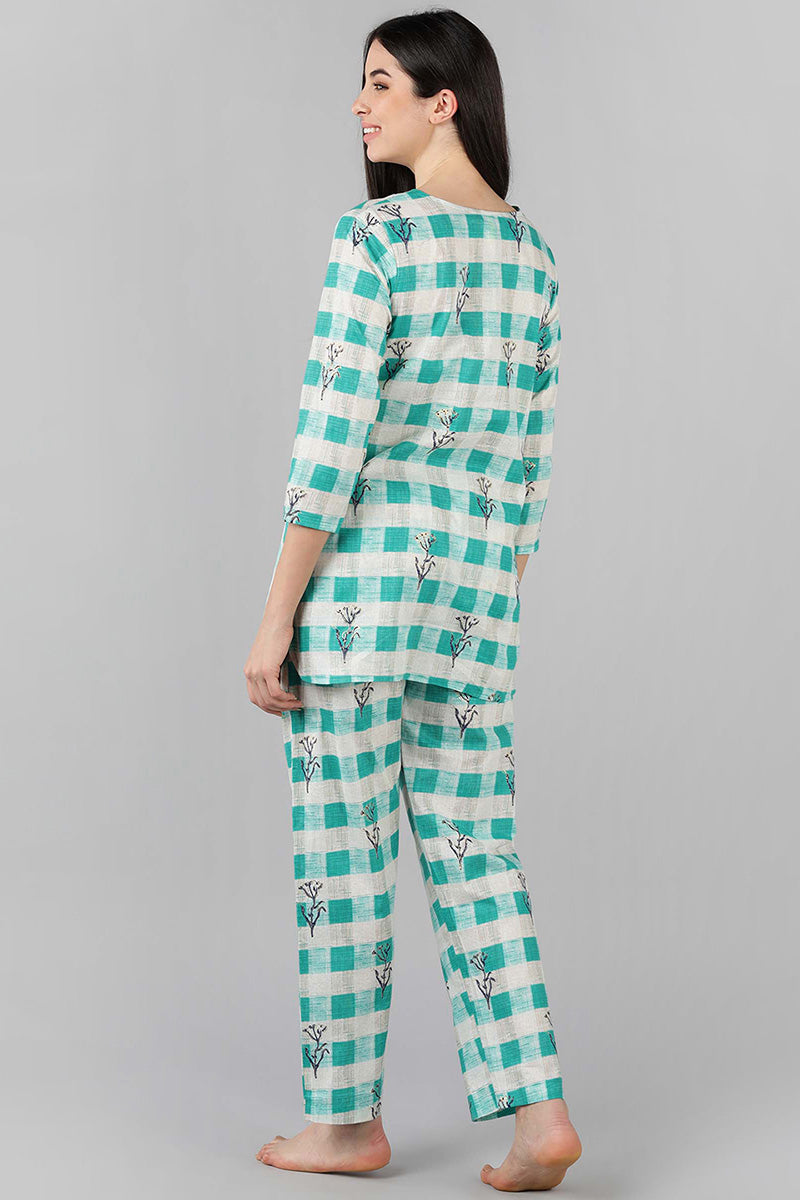Women's Sea Green Cotton Checked Night Suit - Rasiya - Distacart