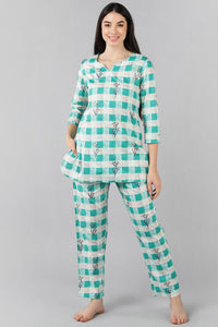 Thumbnail for Women's Sea Green Cotton Checked Night Suit - Rasiya - Distacart