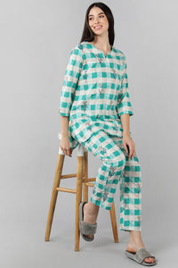 Thumbnail for Women's Sea Green Cotton Checked Night Suit - Rasiya - Distacart