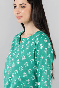 Thumbnail for Women's Sea Green Cotton Floral Night Suit - Rasiya - Distacart