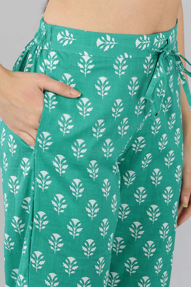 Women's Sea Green Cotton Floral Night Suit - Rasiya - Distacart