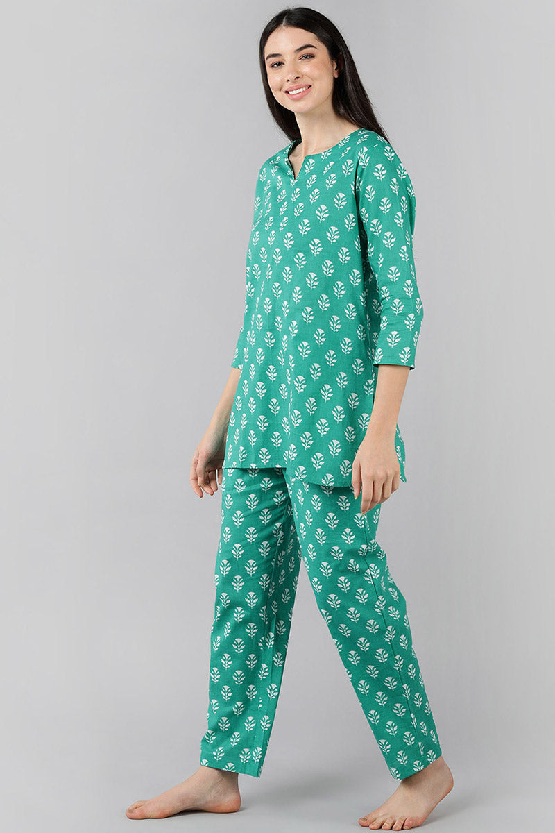 Women's Sea Green Cotton Floral Night Suit - Rasiya - Distacart