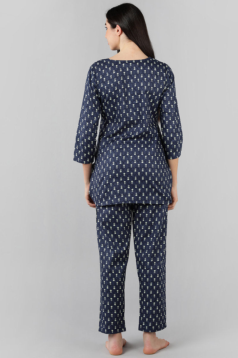 Women's Navy Blue Ethnic Motifs Printed Night Suit - Rasiya - Distacart