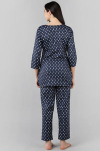 Thumbnail for Women's Navy Blue Ethnic Motifs Printed Night Suit - Rasiya - Distacart