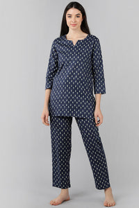 Thumbnail for Women's Navy Blue Ethnic Motifs Printed Night Suit - Rasiya - Distacart