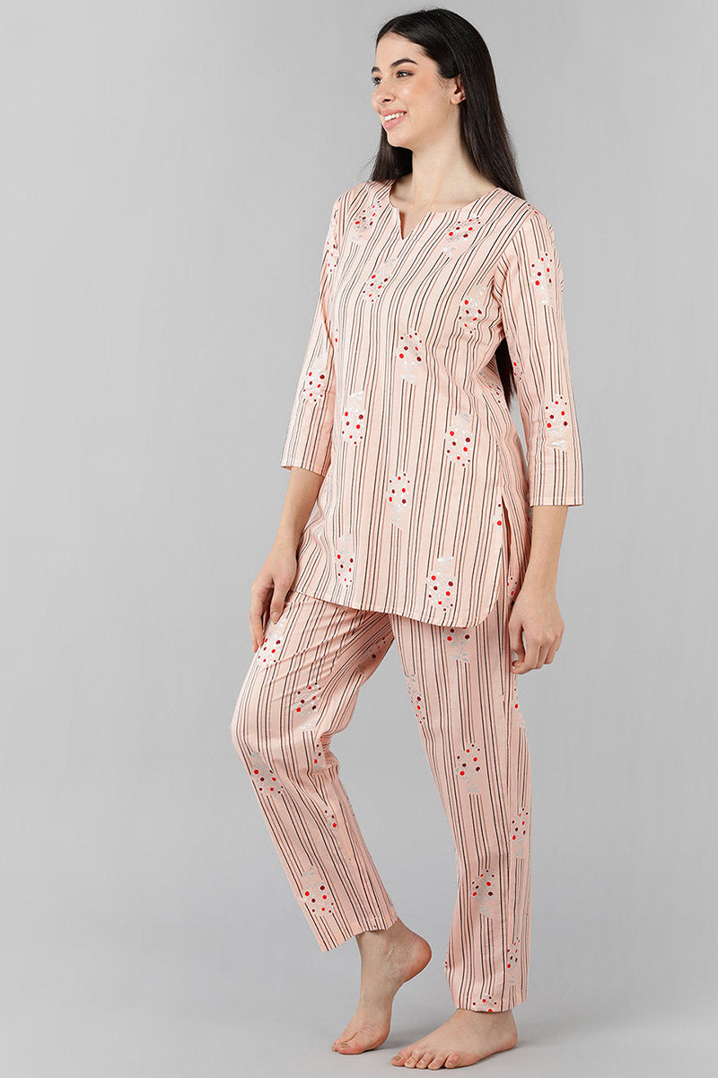 Women's Peach Cotton Striped Night Suit - Rasiya - Distacart