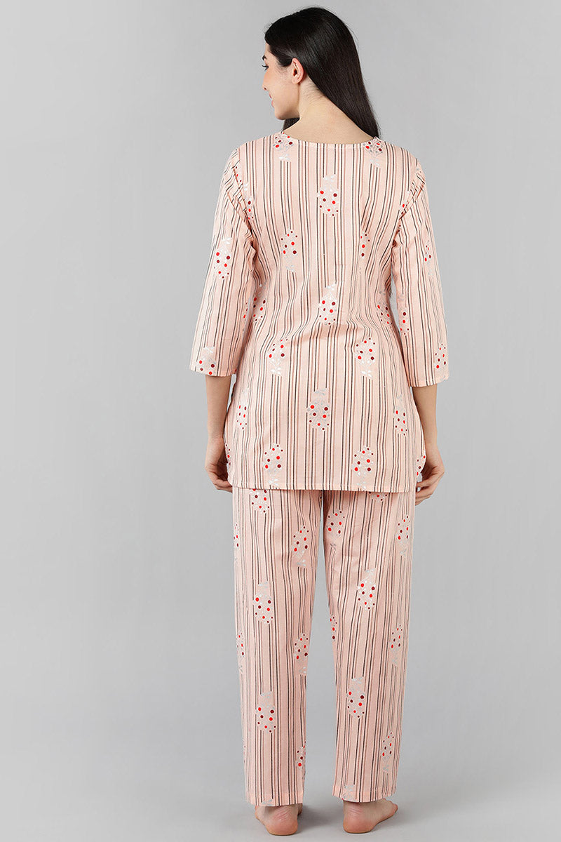 Women's Peach Cotton Striped Night Suit - Rasiya - Distacart