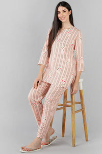Thumbnail for Women's Peach Cotton Striped Night Suit - Rasiya - Distacart