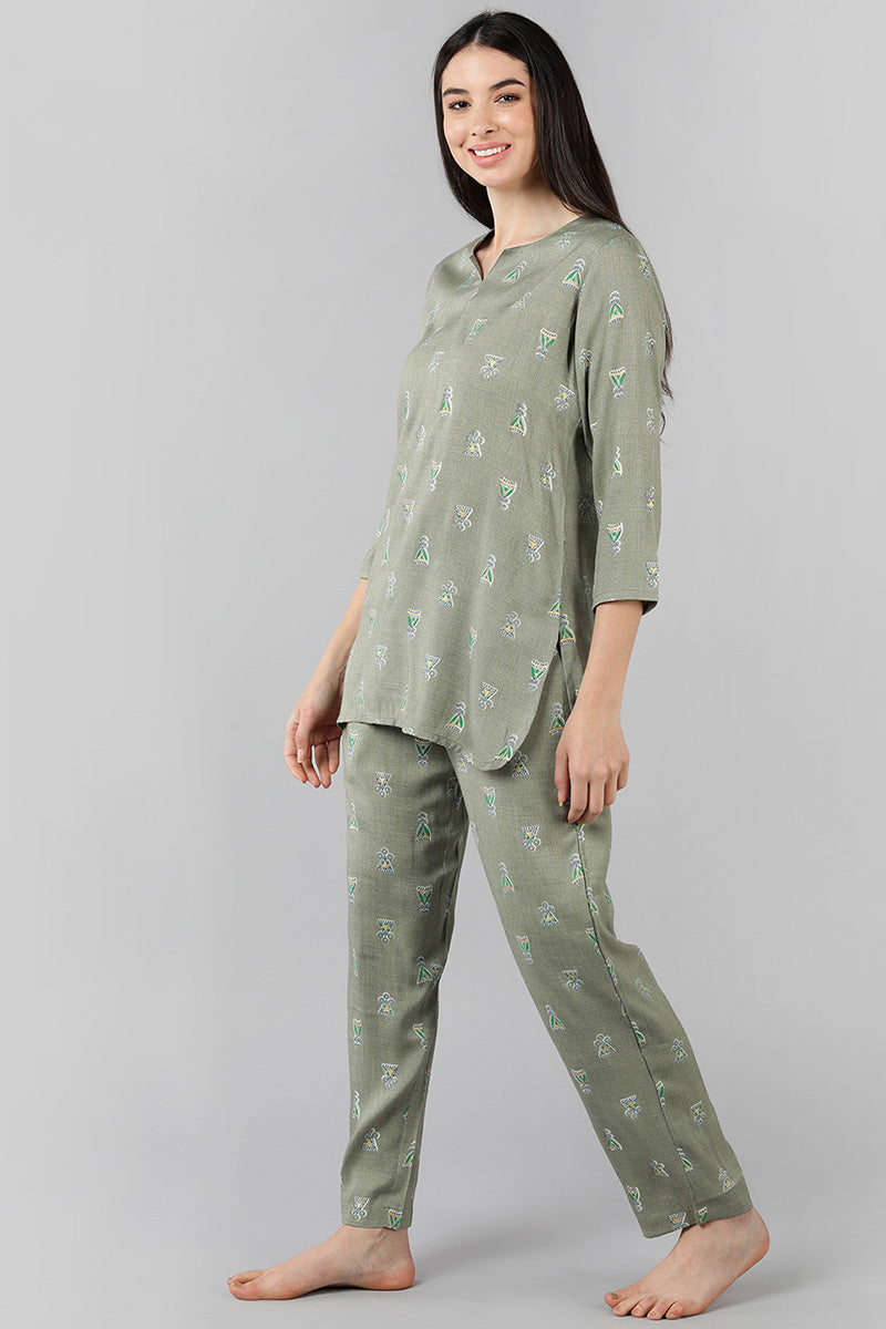 Women's Grey Cotton Abstract Print Night Suit - Rasiya - Distacart