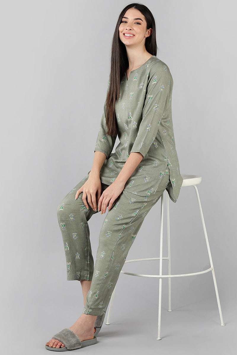 Women's Grey Cotton Abstract Print Night Suit - Rasiya - Distacart