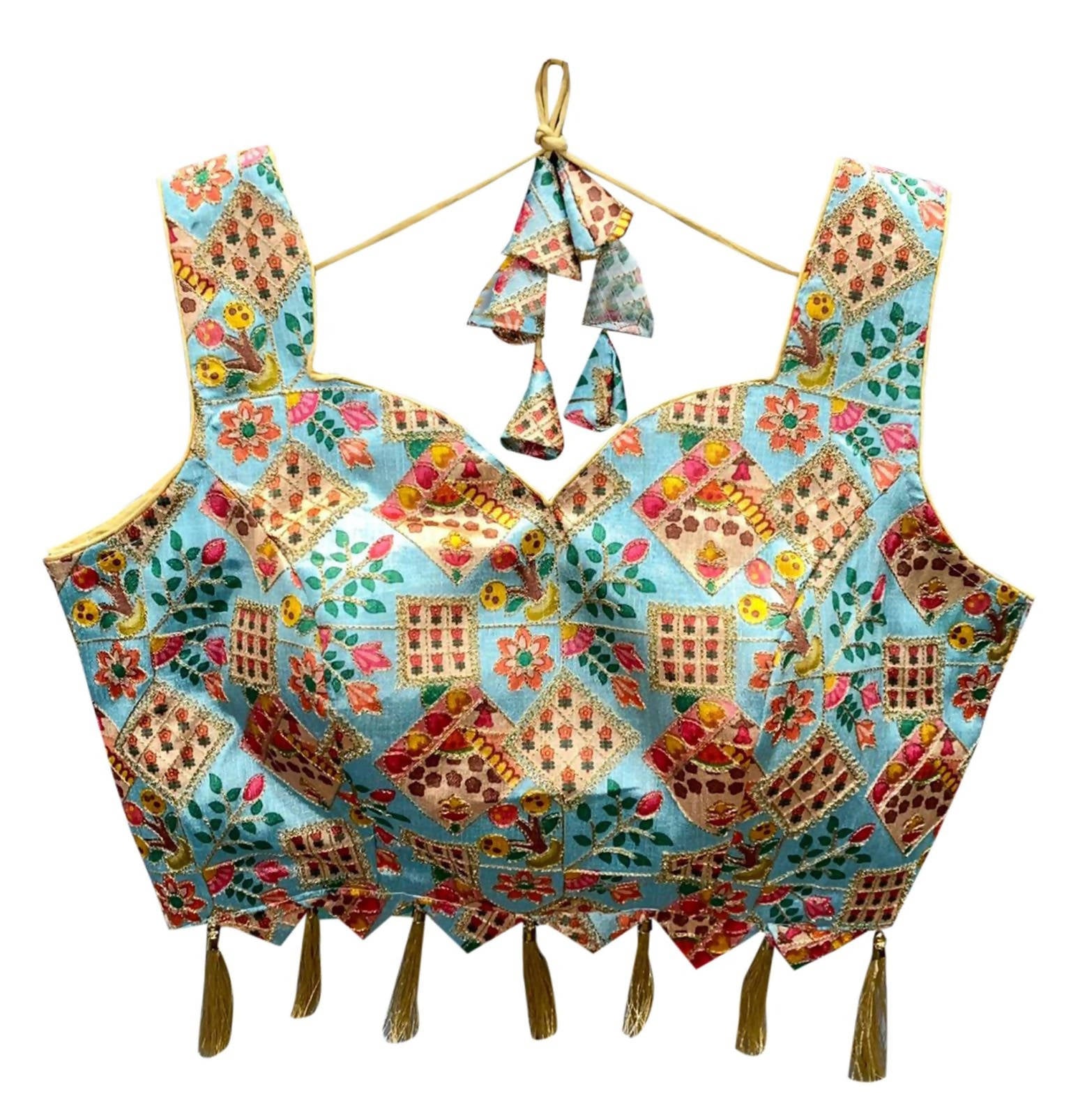 Vamika Sky Blue Banglori Silk Digital Print And Embroidery Blouse - Distacart