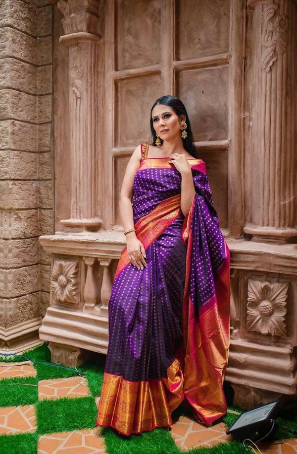 DEIANA'S Beautiful Golden Jari with New Design Soft Lichi Silk Saree - Purple - Distacart