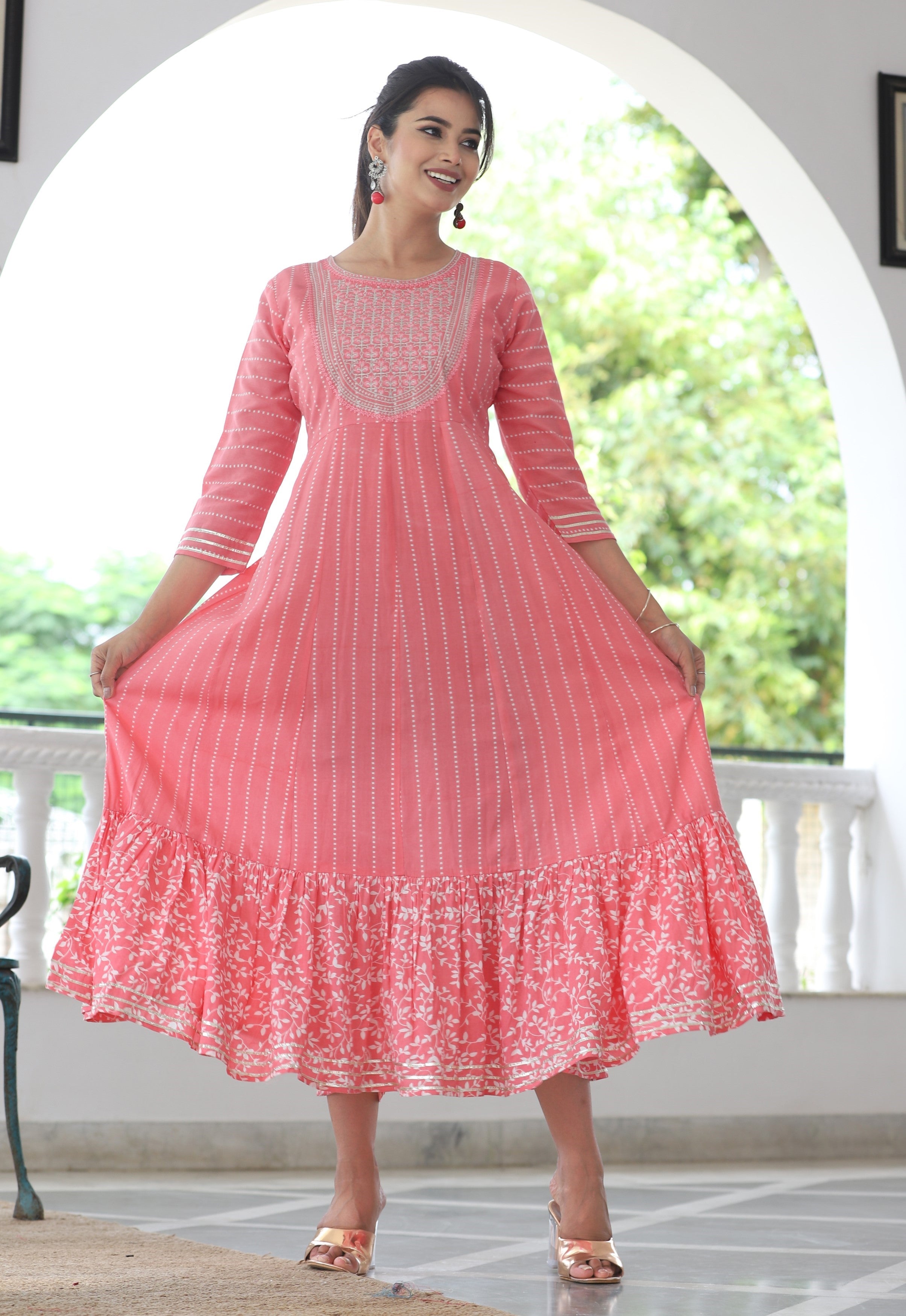 VOJ Women's BabyPink Rayon Floral Embroidered & Printed Tiered Anarkali Kurta - Distacart