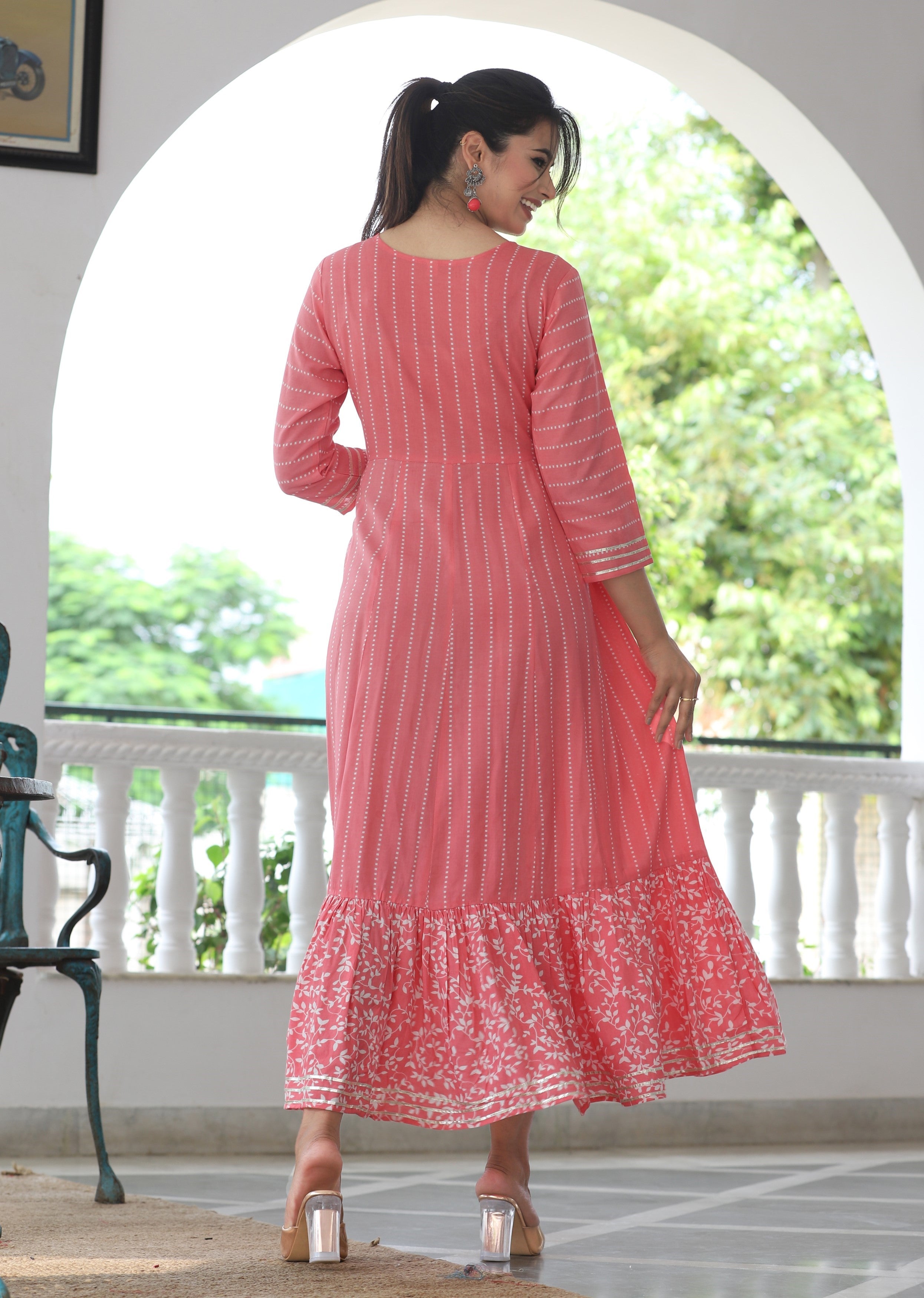 VOJ Women's BabyPink Rayon Floral Embroidered & Printed Tiered Anarkali Kurta - Distacart