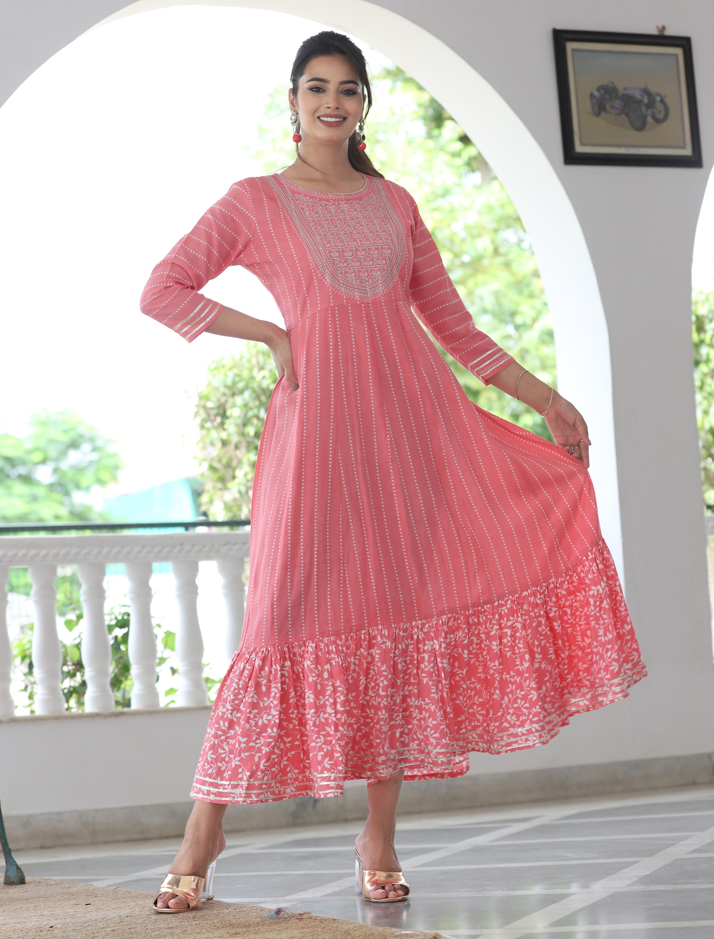 VOJ Women's BabyPink Rayon Floral Embroidered & Printed Tiered Anarkali Kurta - Distacart