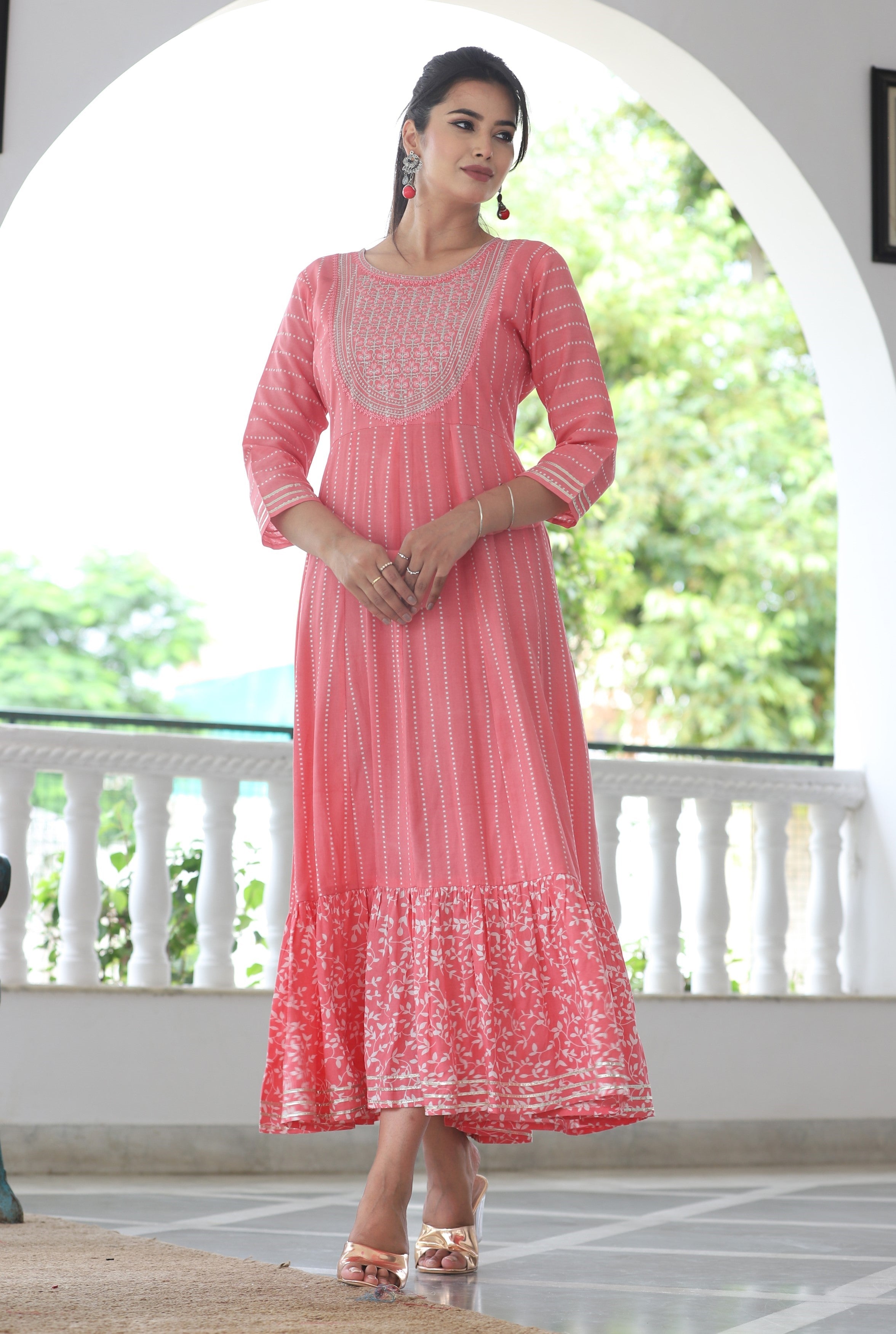 VOJ Women's BabyPink Rayon Floral Embroidered & Printed Tiered Anarkali Kurta - Distacart