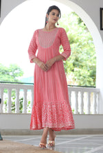 Thumbnail for VOJ Women's BabyPink Rayon Floral Embroidered & Printed Tiered Anarkali Kurta - Distacart