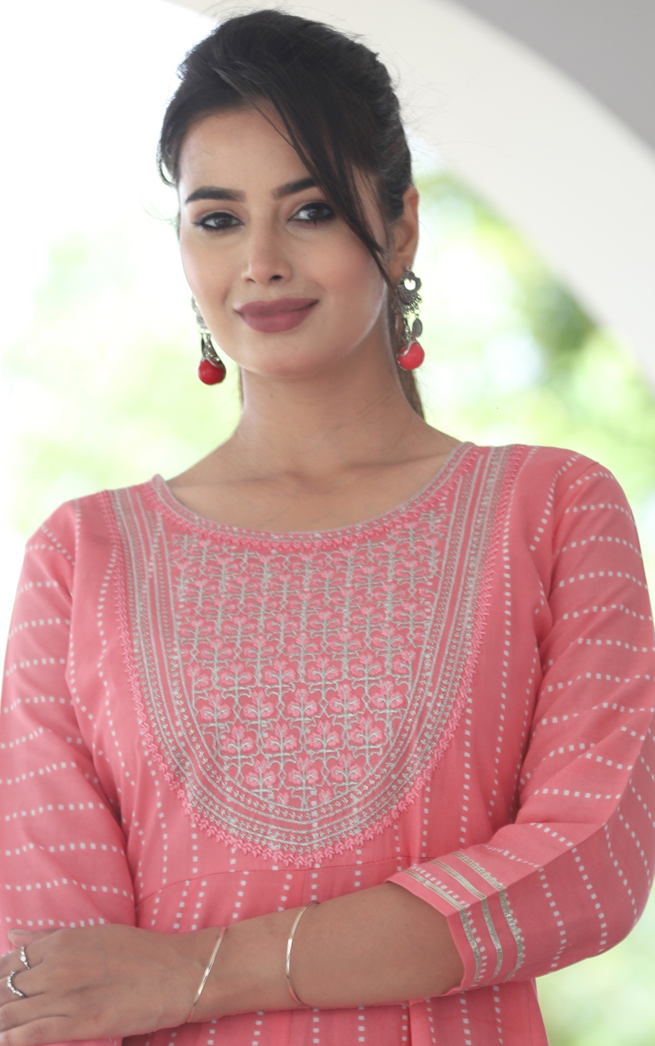 VOJ Women's BabyPink Rayon Floral Embroidered & Printed Tiered Anarkali Kurta - Distacart