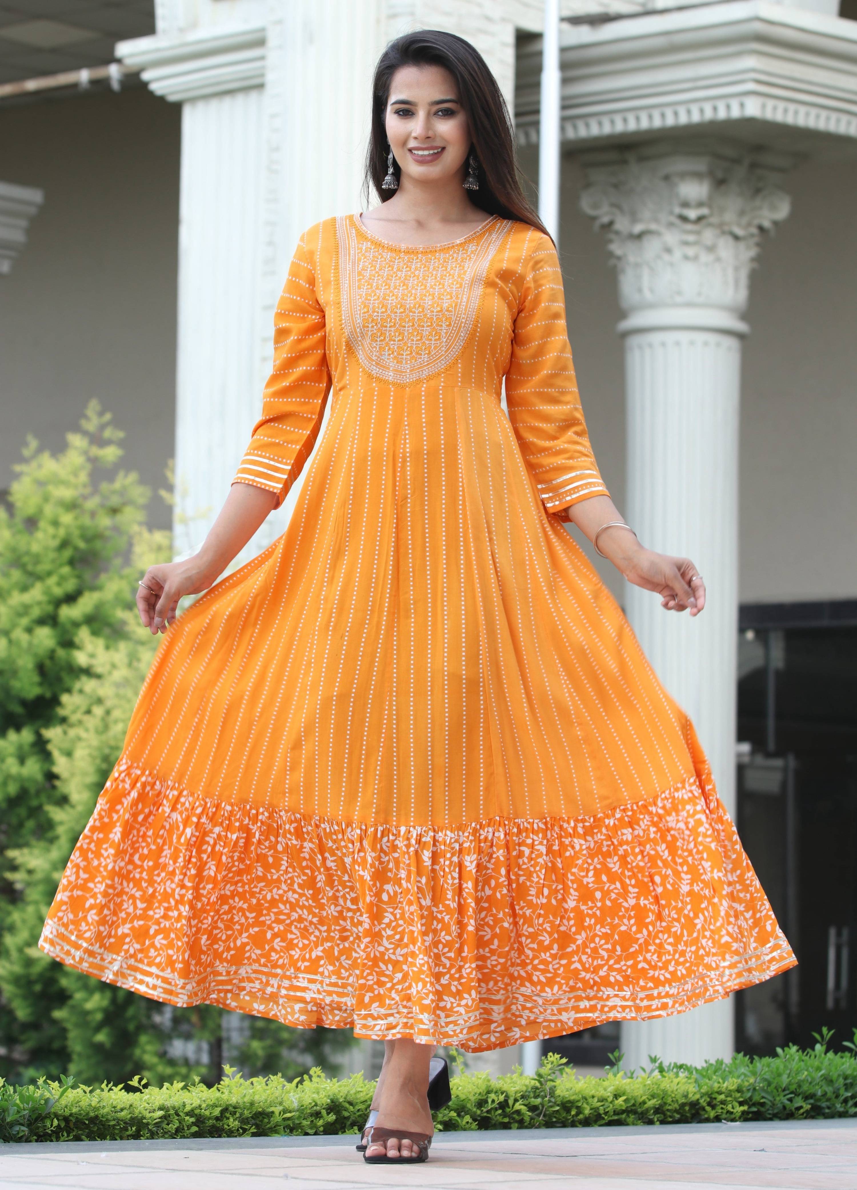 VOJ Women's Orange Rayon Floral Embroidered & Printed Tiered Anarkali Kurta - Distacart
