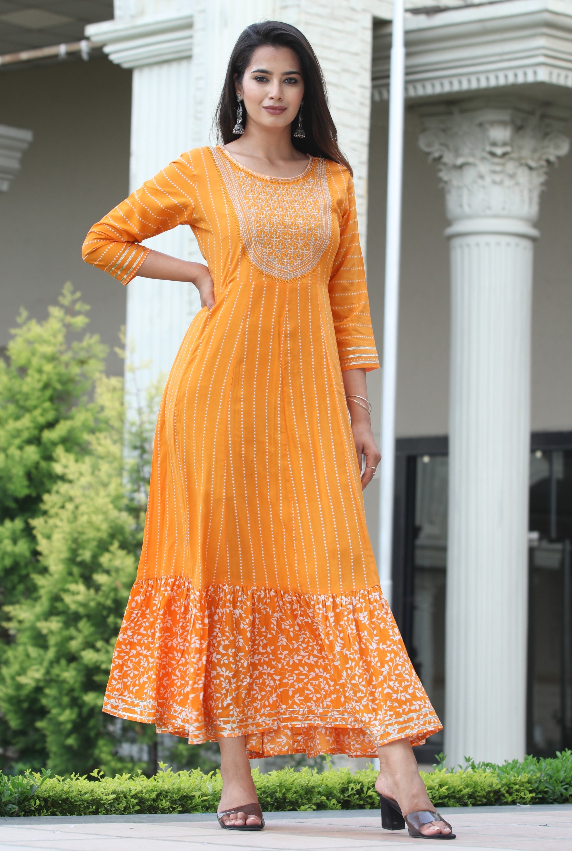 VOJ Women's Orange Rayon Floral Embroidered & Printed Tiered Anarkali Kurta - Distacart