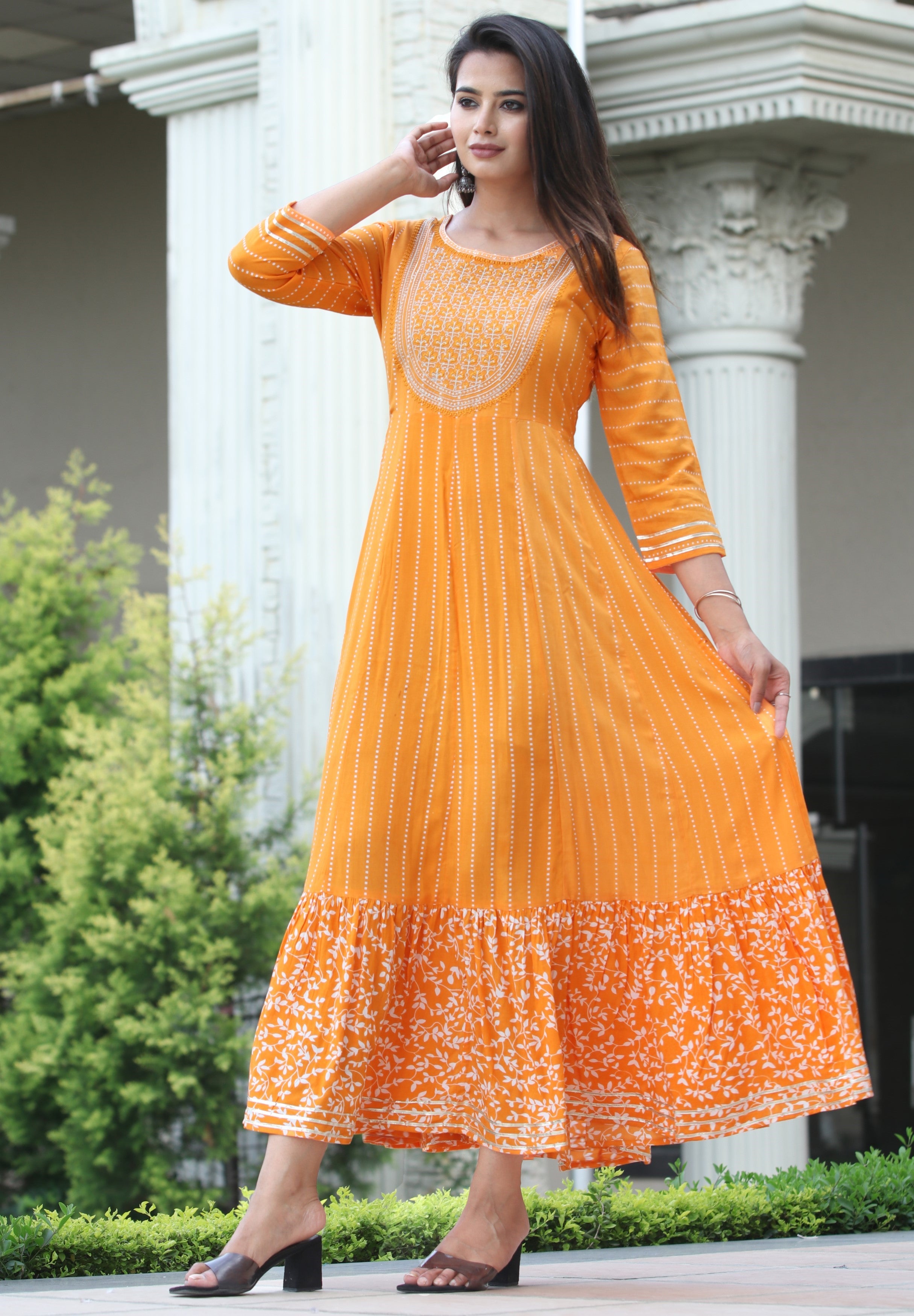 VOJ Women's Orange Rayon Floral Embroidered & Printed Tiered Anarkali Kurta - Distacart